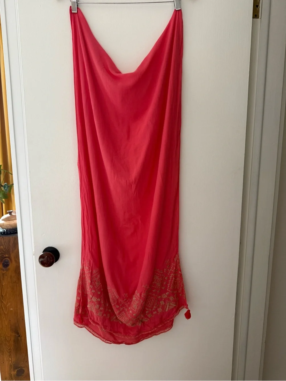 Women's Coral Tassel Scarf with Gold Embellishment